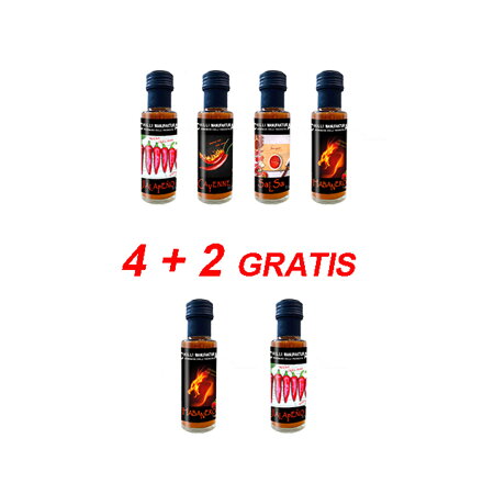 Aktion 4 + 2 GRATIS saucen Jalapeno, Salsa, Cayenne, Habanero + 2 saucen gratis